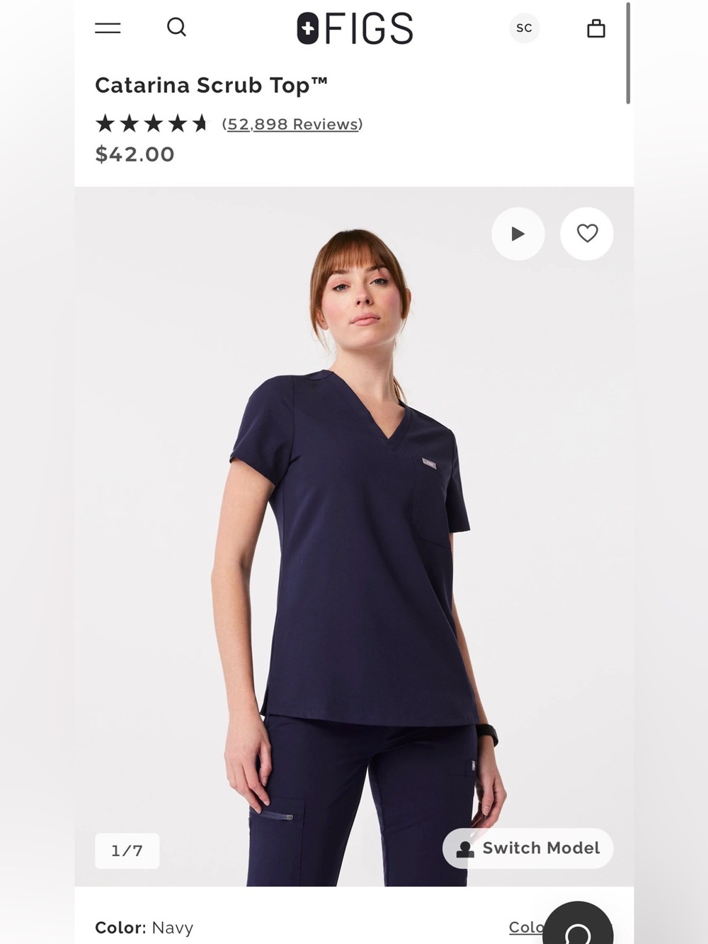 Figs Catarina Scrub Top - Navy